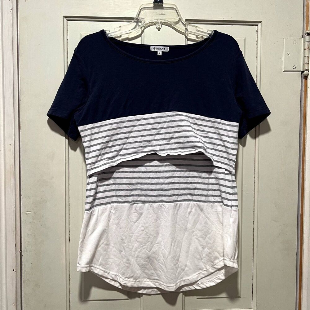 Ginkana Nursing Tee Striped Navy Large Short Sleeve